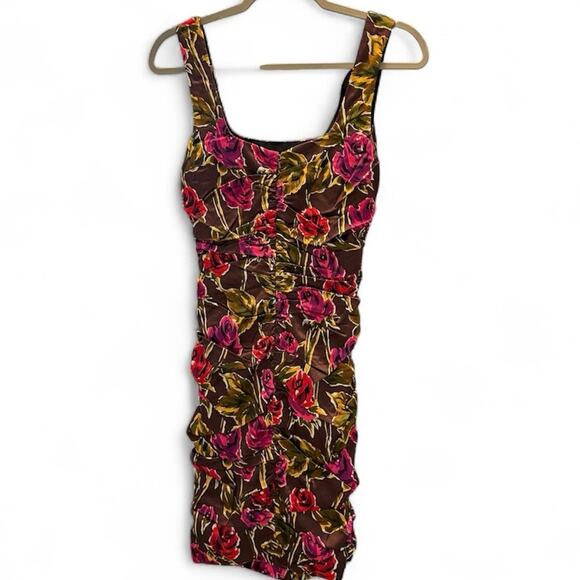 Jay Godfrey x Nordstrom Brown Floral Ruched Bodycon Dress Size 6 (Runs Small) - Picture 3 of 5